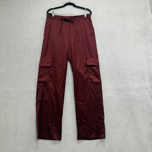 NSR Pants - NSR Pants Womens Large Burgundy Satin Cargo Drawstring Elastic Waist Pockets